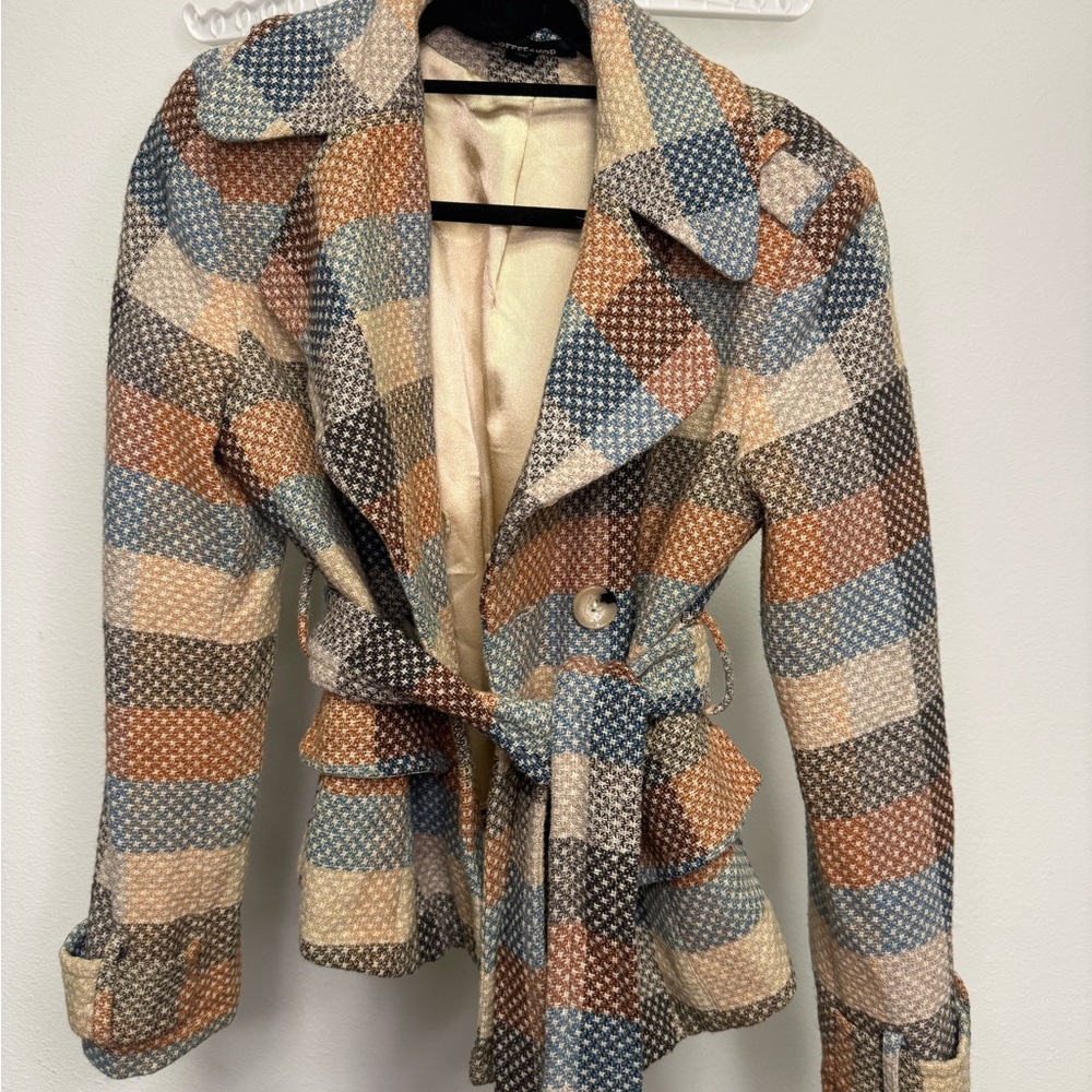CoffeeShop NYC Plaid Belted Coat Wool Blend Tweed Academia Jacket L - Picture 2 of 5